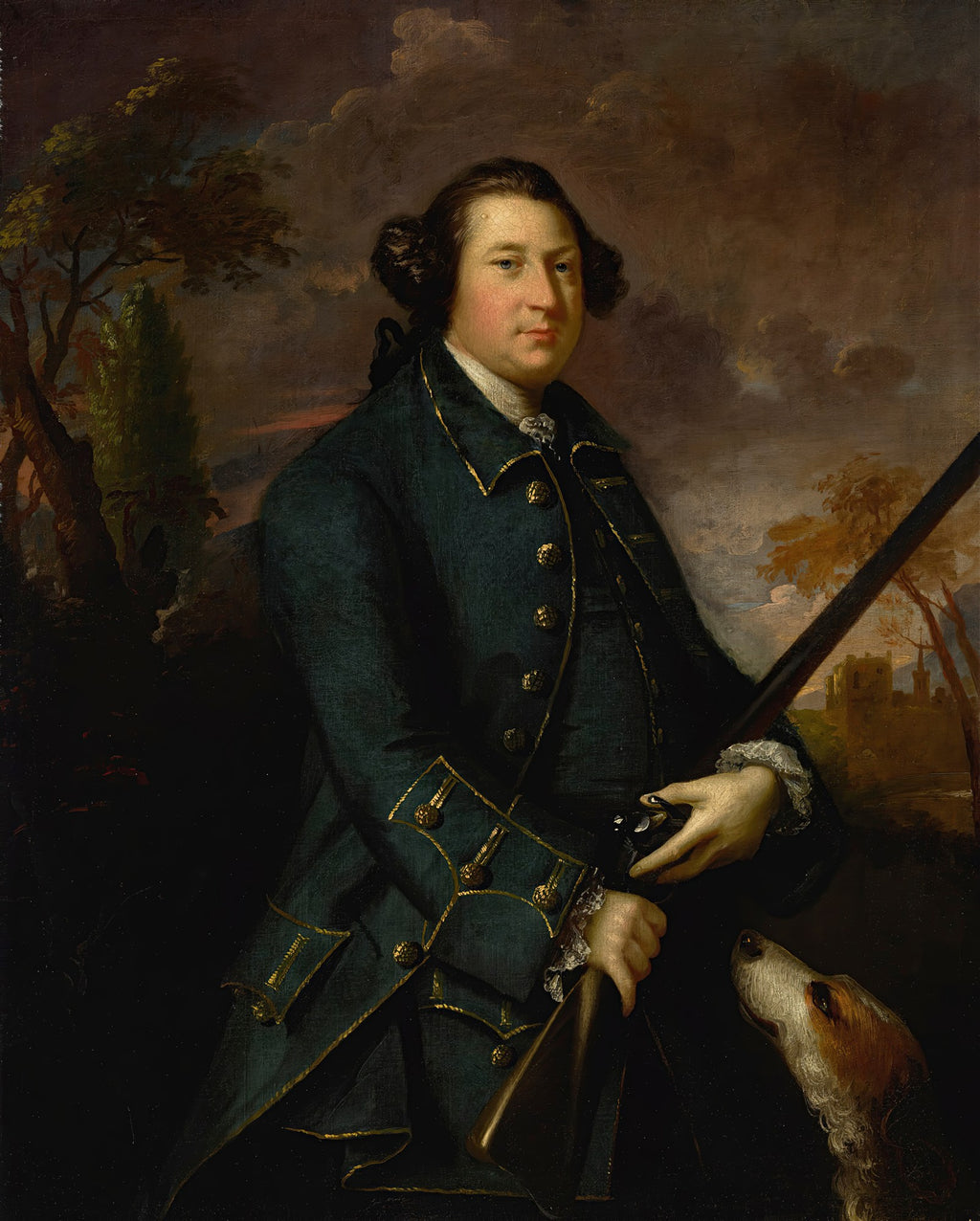 Retrato de um cavalheiro com casaco azul-esverdeado, segurando uma espingarda, com um cão olhando para ele, em uma paisagem com castelo ao fundo, atribuído a Sir Joshua Reynolds.