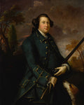 Retrato de um cavalheiro com casaco azul-esverdeado, segurando uma espingarda, com um cão olhando para ele, em uma paisagem com castelo ao fundo, atribuído a Sir Joshua Reynolds.