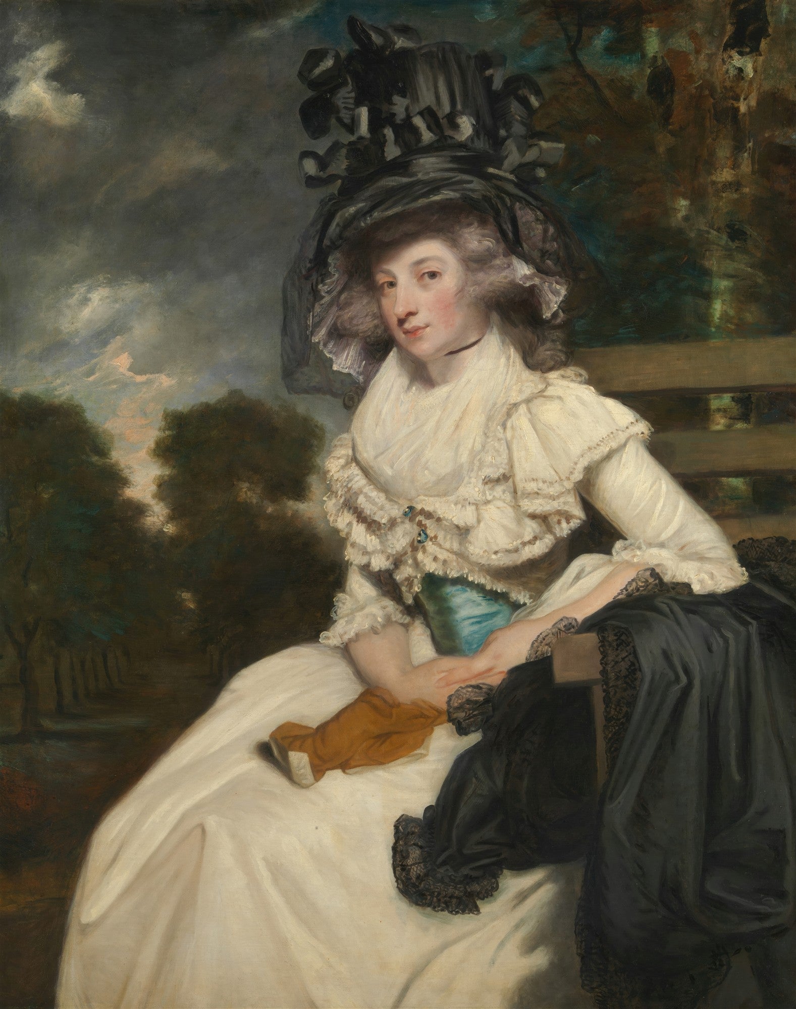 Retrato de Lady Elizabeth Compton pintado por Sir Joshua Reynolds, mostrando uma mulher sentada em um vestido branco com detalhes em renda, um chapéu grande e escuro, e luvas marrons, em um cenário de paisagem nublada.