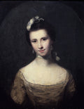 Retrato de uma jovem mulher com expressão serena, usando brincos de pérola e um laço no cabelo, pintado por Sir Joshua Reynolds em tons escuros e dourados.