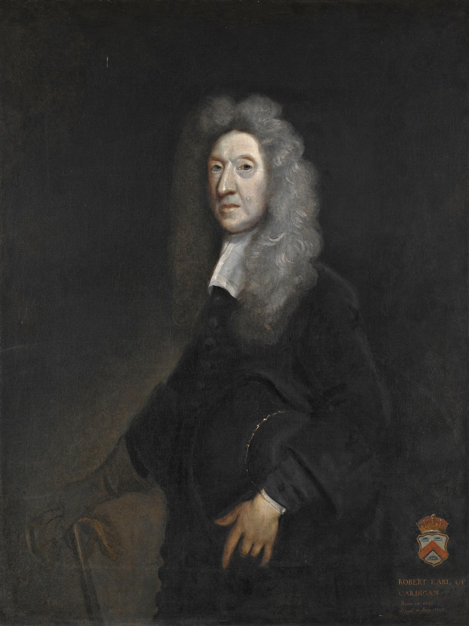 Retrato a óleo de um homem de meia-idade, Robert Brudenell, com peruca cinza e casaco escuro, sobre fundo escuro. Atribuído a Sir Joshua Reynolds.