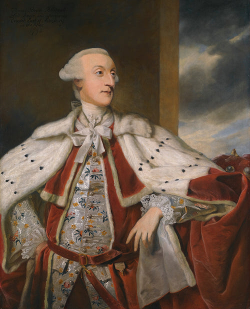 Retrato de Thomas Bruce, 1º Conde de Ailesbury, pintado por Sir Joshua Reynolds, mostrando um homem de peruca branca, vestindo um robe vermelho e branco com peles, e um colete bordado, em um fundo escuro com céu nublado. A imagem transmite nobreza e distinção.