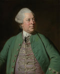 Retrato de Joseph Warton, um homem de peruca branca e casaco verde, com colete bordado, olhando para cima e para a direita, pintado por Sir Joshua Reynolds.