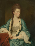 Retrato de Lady Elizabeth Herbert, Condessa de Pembroke, por Sir Joshua Reynolds. Mulher de cabelos castanhos e pele clara, vestindo um robe azul esverdeado adornado com pele branca e manchas pretas. Ela está sentada, com as mãos delicadamente unidas sobre uma mesa coberta por um tecido avermelhado, olhando para o lado direito da tela com uma expressão serena.