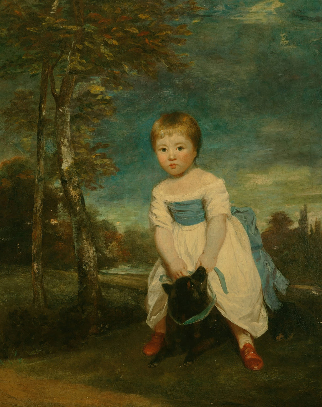 Retrato de uma criança com um cão, pintado por Sir Joshua Reynolds. A criança, de vestes claras e fita azul, está sentada no chão segurando o cão, com um fundo de paisagem verde e céu azul-esverdeado.