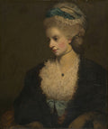 Retrato de uma mulher jovem, com expressão pensativa e serena, usando um vestido escuro com detalhes de renda branca e um laço azul-esverdeado, e um toucado na cabeça, pintado por Sir Joshua Reynolds.