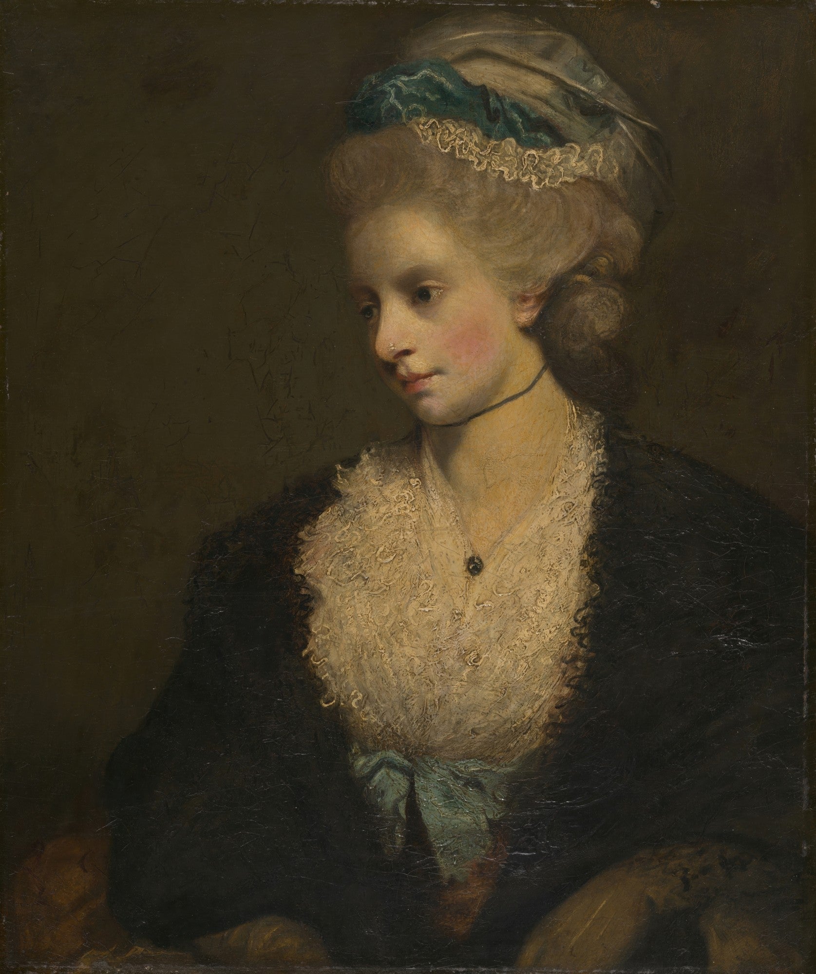 Retrato de uma mulher jovem, com expressão pensativa e serena, usando um vestido escuro com detalhes de renda branca e um laço azul-esverdeado, e um toucado na cabeça, pintado por Sir Joshua Reynolds.