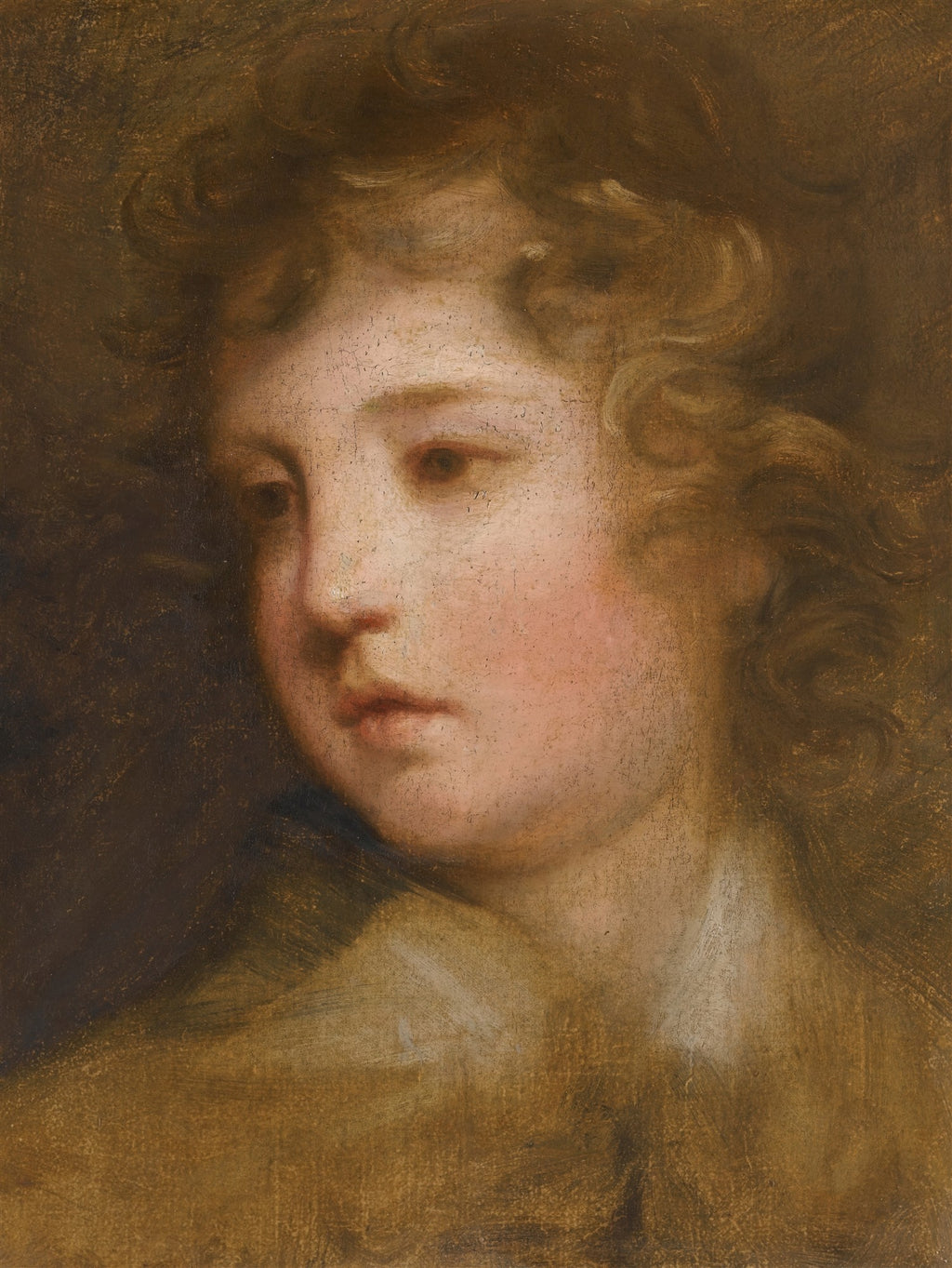 Quadro decorativo com a obra 'Cabeça de Querubim' de Sir Joshua Reynolds, mostrando o rosto de uma criança com cabelos cacheados e expressão pensativa, em tons terrosos e pêssego.