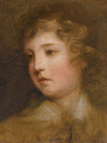 Quadro decorativo com a obra 'Cabeça de Querubim' de Sir Joshua Reynolds, mostrando o rosto de uma criança com cabelos cacheados e expressão pensativa, em tons terrosos e pêssego.
