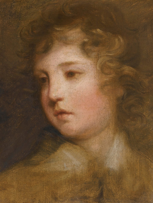 Quadro decorativo com a obra 'Cabeça de Querubim' de Sir Joshua Reynolds, mostrando o rosto de uma criança com cabelos cacheados e expressão pensativa, em tons terrosos e pêssego.