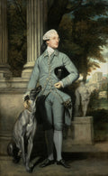 Retrato de corpo inteiro de James Boswell por Sir Joshua Reynolds, um homem em traje azul-acinzentado com peruca branca, acariciando um cão galgo, em um cenário clássico com pilares e ruínas.