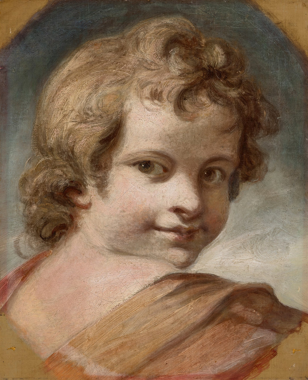 Retrato de uma criança com cachos dourados e bochechas rosadas, olhando para o espectador, em estilo clássico, atribuído a Sir Joshua Reynolds.