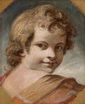 Retrato de uma criança com cachos dourados e bochechas rosadas, olhando para o espectador, em estilo clássico, atribuído a Sir Joshua Reynolds.