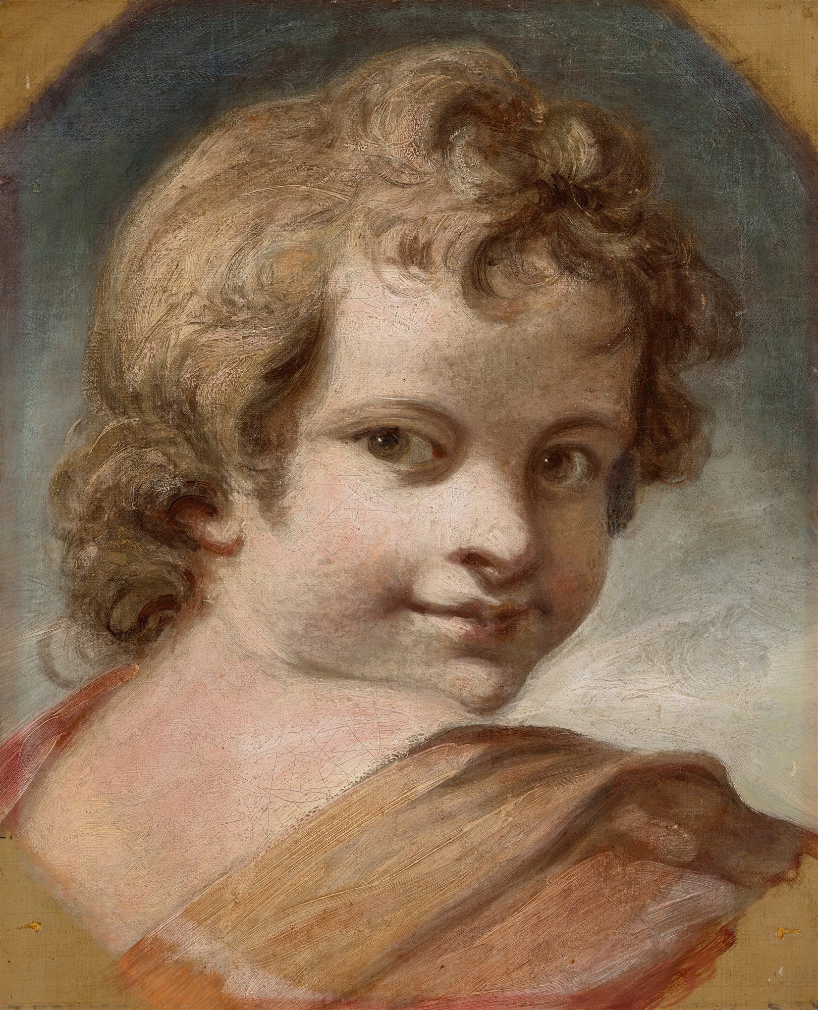 Retrato de uma criança com cachos dourados e bochechas rosadas, olhando para o espectador, em estilo clássico, atribuído a Sir Joshua Reynolds.