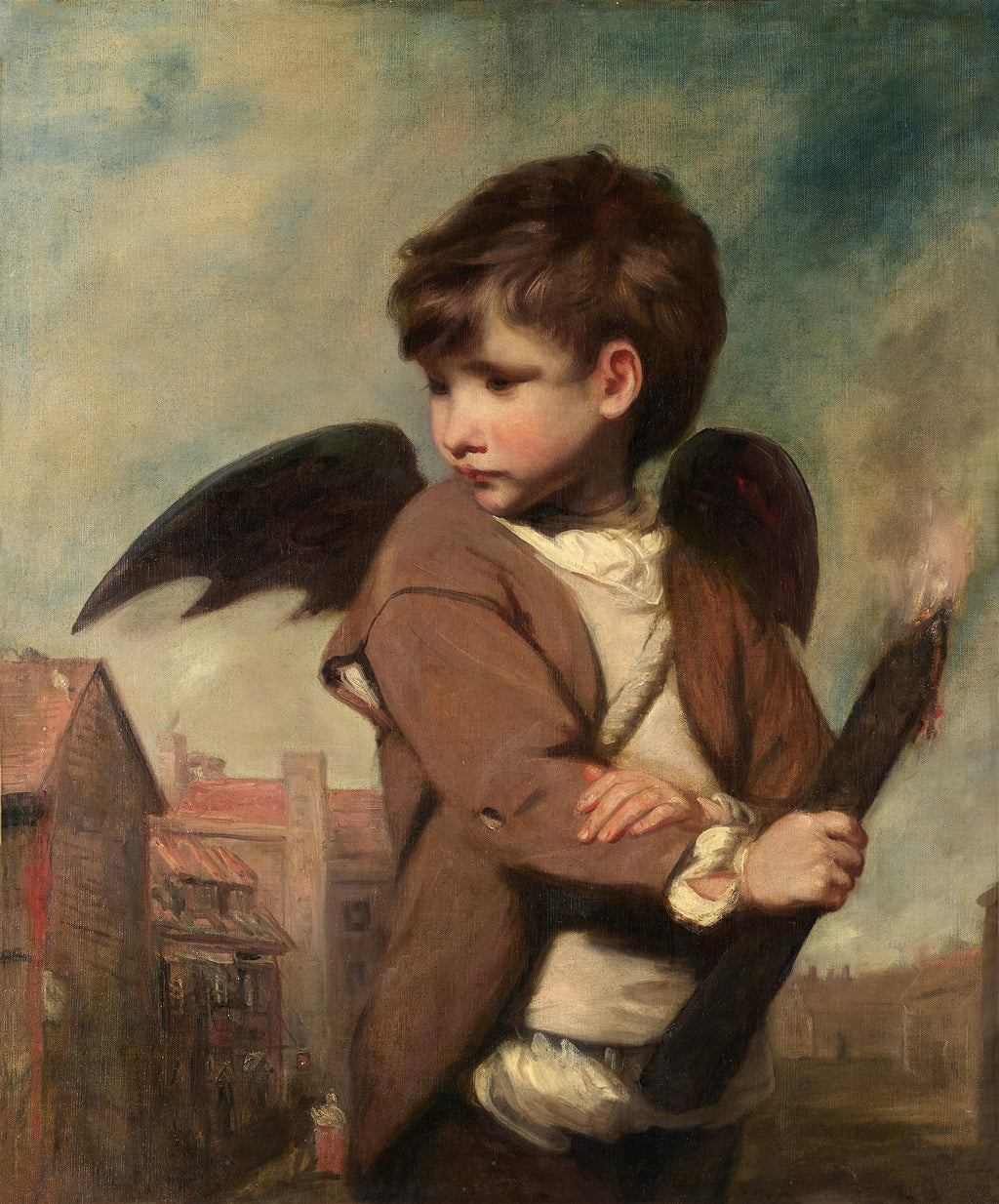 Quadro decorativo com pintura de Sir Joshua Reynolds de um menino com asas de anjo, segurando uma tocha acesa, com expressão pensativa. Ao fundo, construções em tons terrosos e céu azul acinzentado.