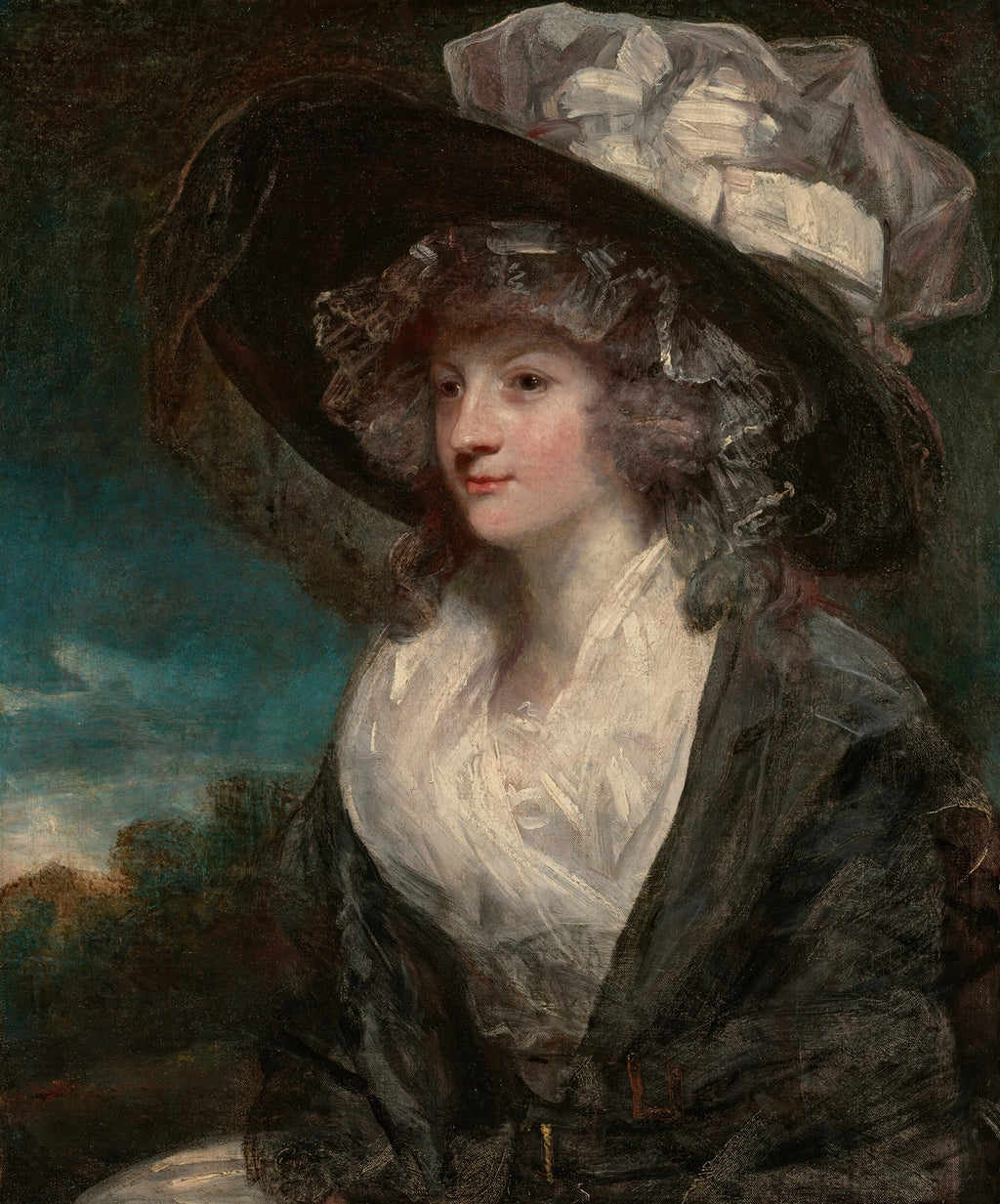 Retrato de uma mulher com chapéu grande e branco, com o rosto pálido e olhar sereno, em um fundo escuro com tons de azul e verde. A obra é atribuída a Sir Joshua Reynolds.