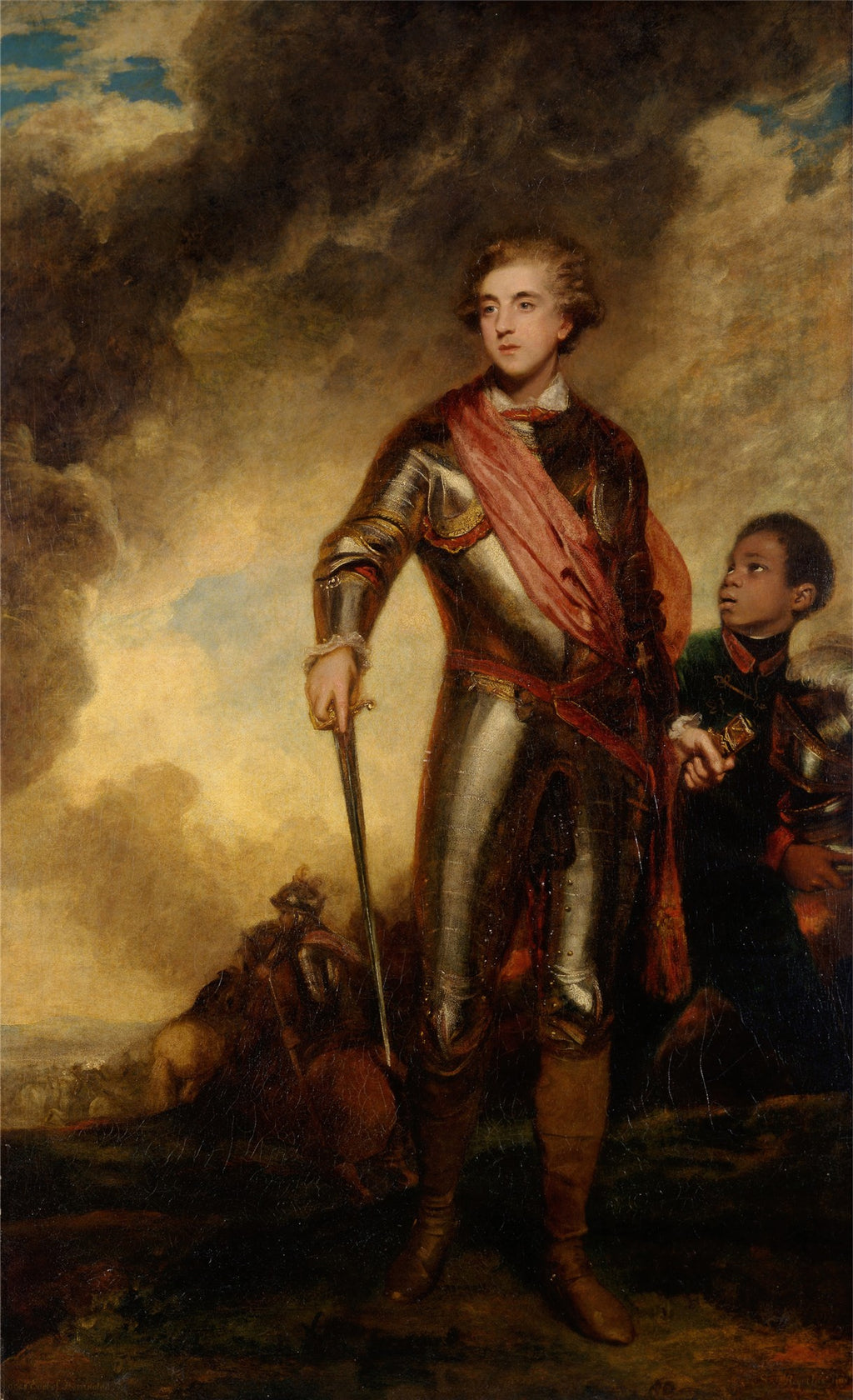 Retrato de um homem em armadura com uma espada, acompanhado por um jovem. Nuvem escura e céu azul ao fundo. Obra de Sir Joshua Reynolds.