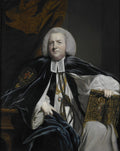 Retrato clássico de um homem em vestes clericais com peruca branca, segurando um livro, obra de Sir Joshua Reynolds.