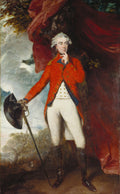 Retrato em óleo de Sir Jeffrey Amherst por Joshua Reynolds, com uniforme militar vermelho, segurando um chapéu e uma bengala, em paisagem com cortina vermelha