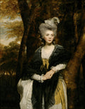 Retrato clássico de uma senhora do século XVIII, Mrs. Charlotte Frances Bentinck, com um penteado alto e um chapéu de pena, vestindo roupas escuras e claras, em frente a uma paisagem arborizada. Obra de Sir Joshua Reynolds.