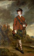 Retrato a óleo de John Murray, 4º Conde de Dunmore, em traje escocês tradicional, com kilt xadrez vermelho e verde, boina e espada, posando em uma paisagem montanhosa e nublada. Obra de Sir Joshua Reynolds.