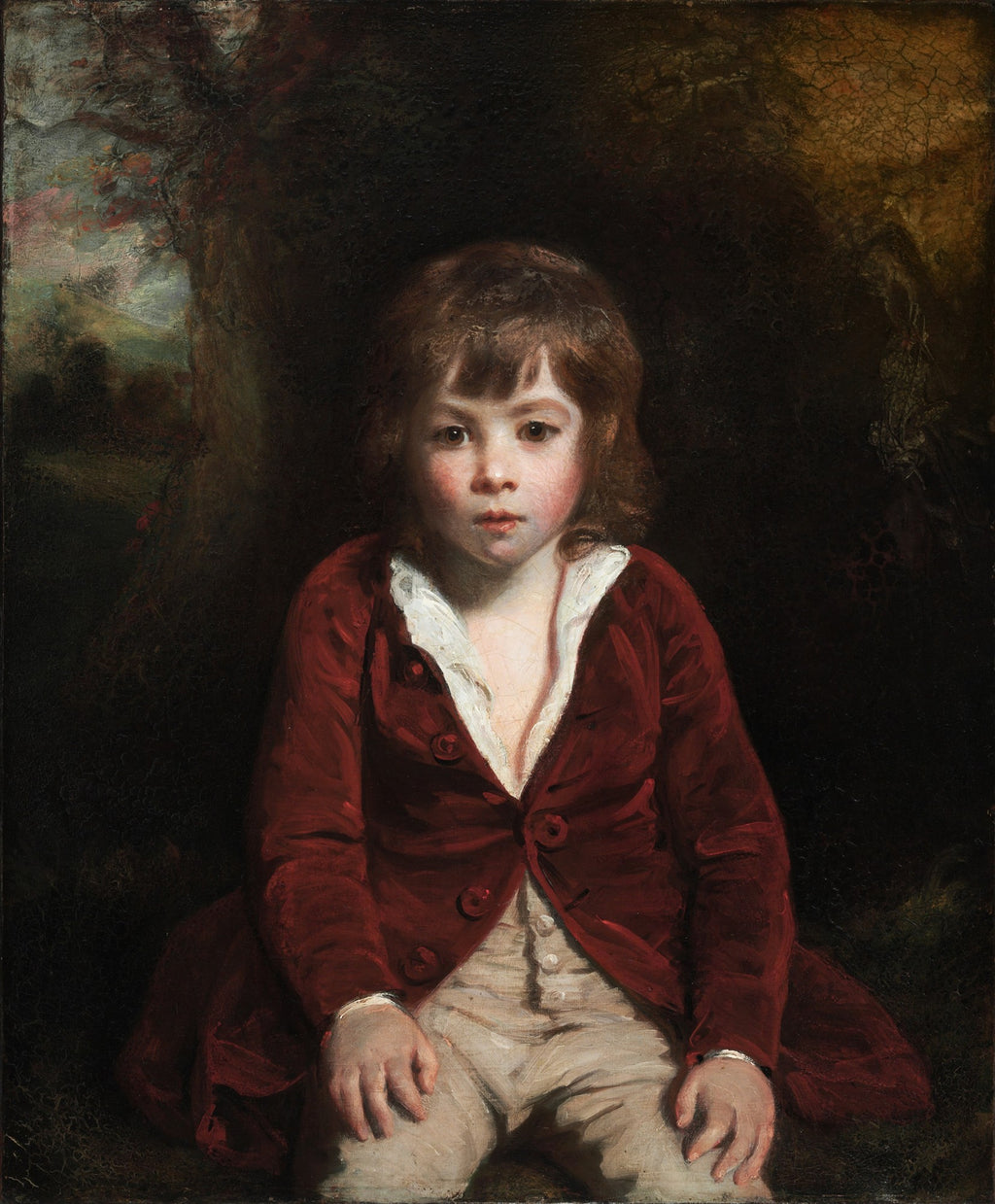Retrato de Master Hare, uma criança de cabelos castanhos e rosto pálido, vestindo um casaco vermelho escuro e calças claras, em um fundo escuro, pintado por Sir Joshua Reynolds.