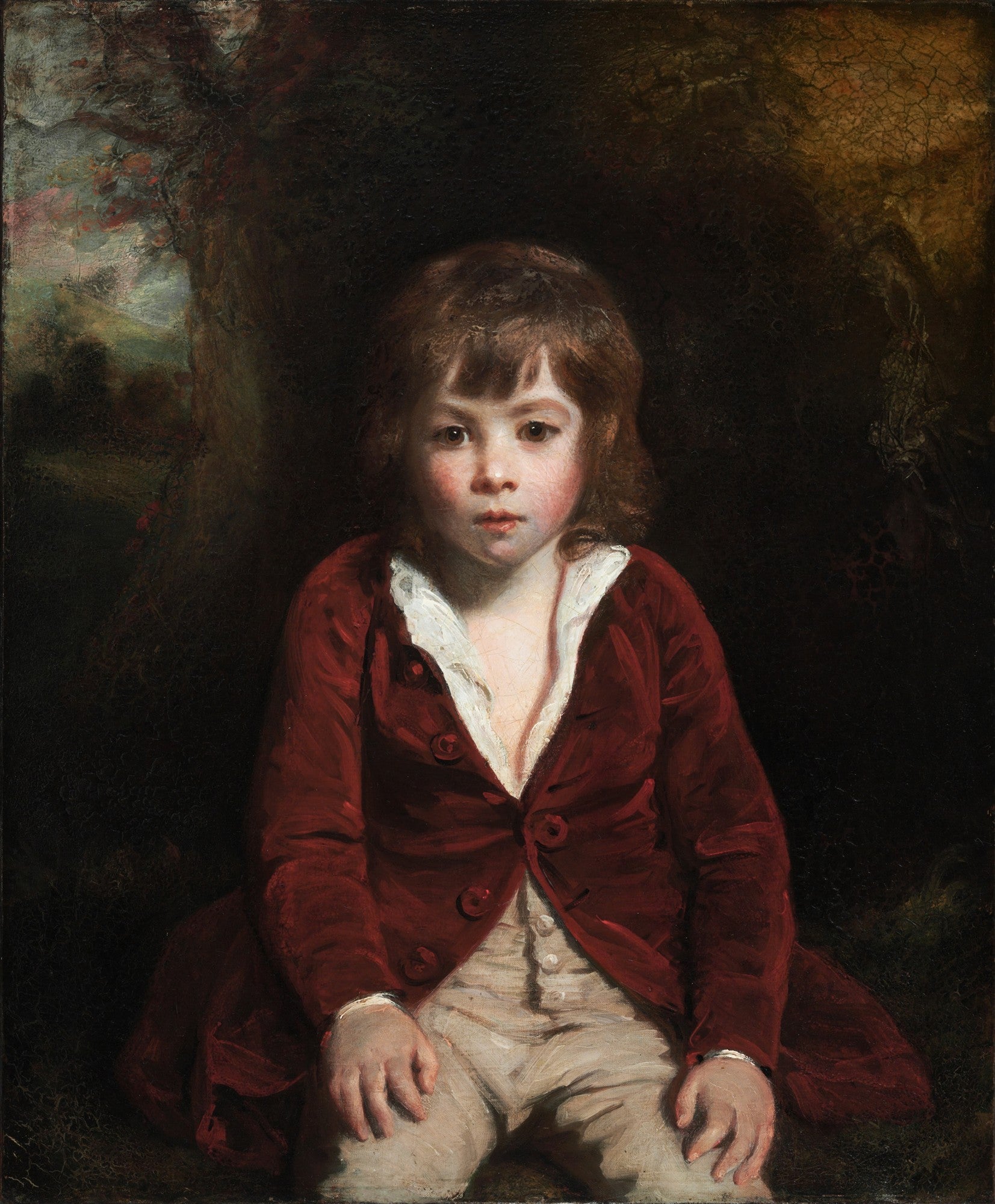 Retrato de Master Hare, uma criança de cabelos castanhos e rosto pálido, vestindo um casaco vermelho escuro e calças claras, em um fundo escuro, pintado por Sir Joshua Reynolds.