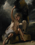 Quadro decorativo do Menino Pastor de Sir Joshua Reynolds, mostrando uma criança nua com um pano branco, olhando para cima com a boca aberta e um braço estendido, com uma ovelha ao lado em um cenário escuro e dramático.