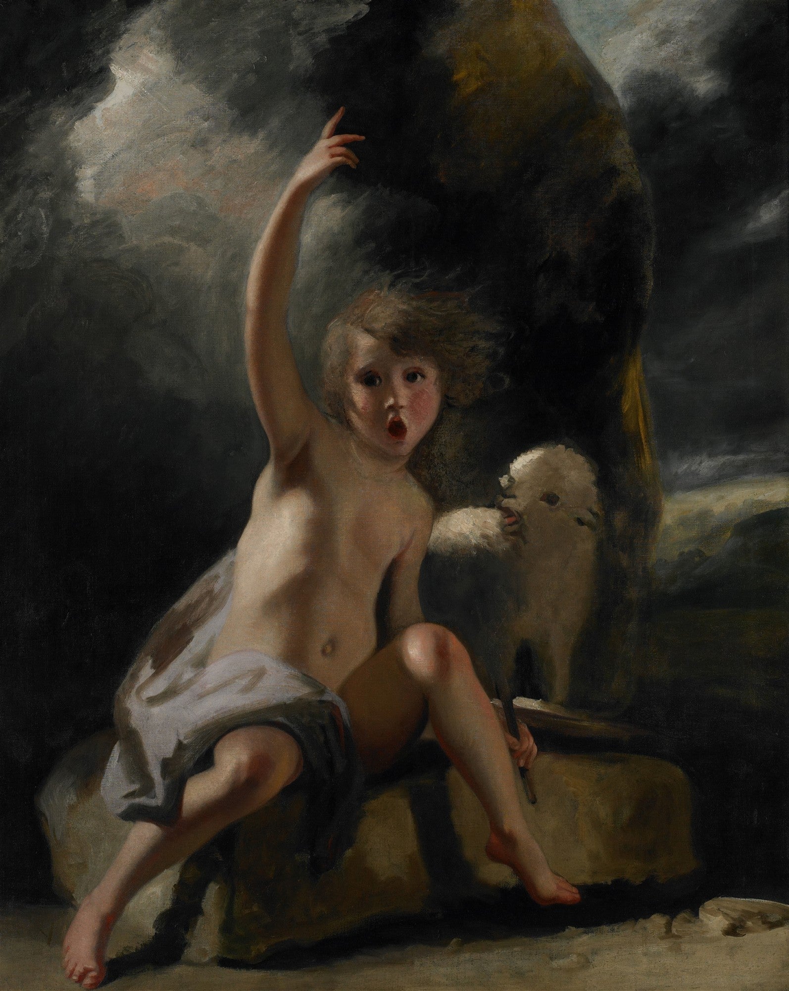 Quadro decorativo do Menino Pastor de Sir Joshua Reynolds, mostrando uma criança nua com um pano branco, olhando para cima com a boca aberta e um braço estendido, com uma ovelha ao lado em um cenário escuro e dramático.