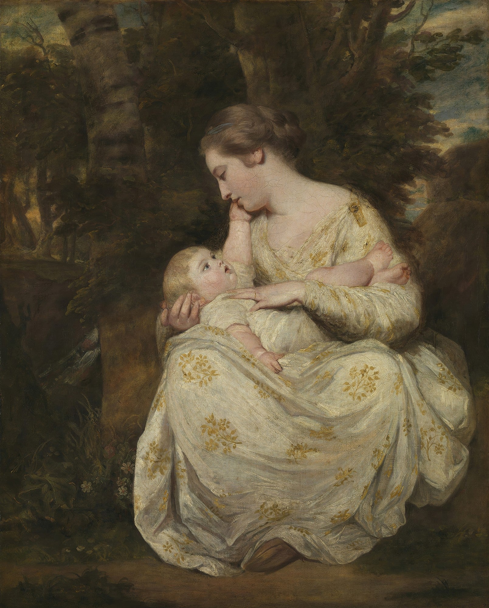 Retrato de mulher com criança no colo, em ambiente campestre, obra de Sir Joshua Reynolds. A mulher olha com carinho para o bebê, que a olha de volta. Cores suaves e tons terrosos predominam.