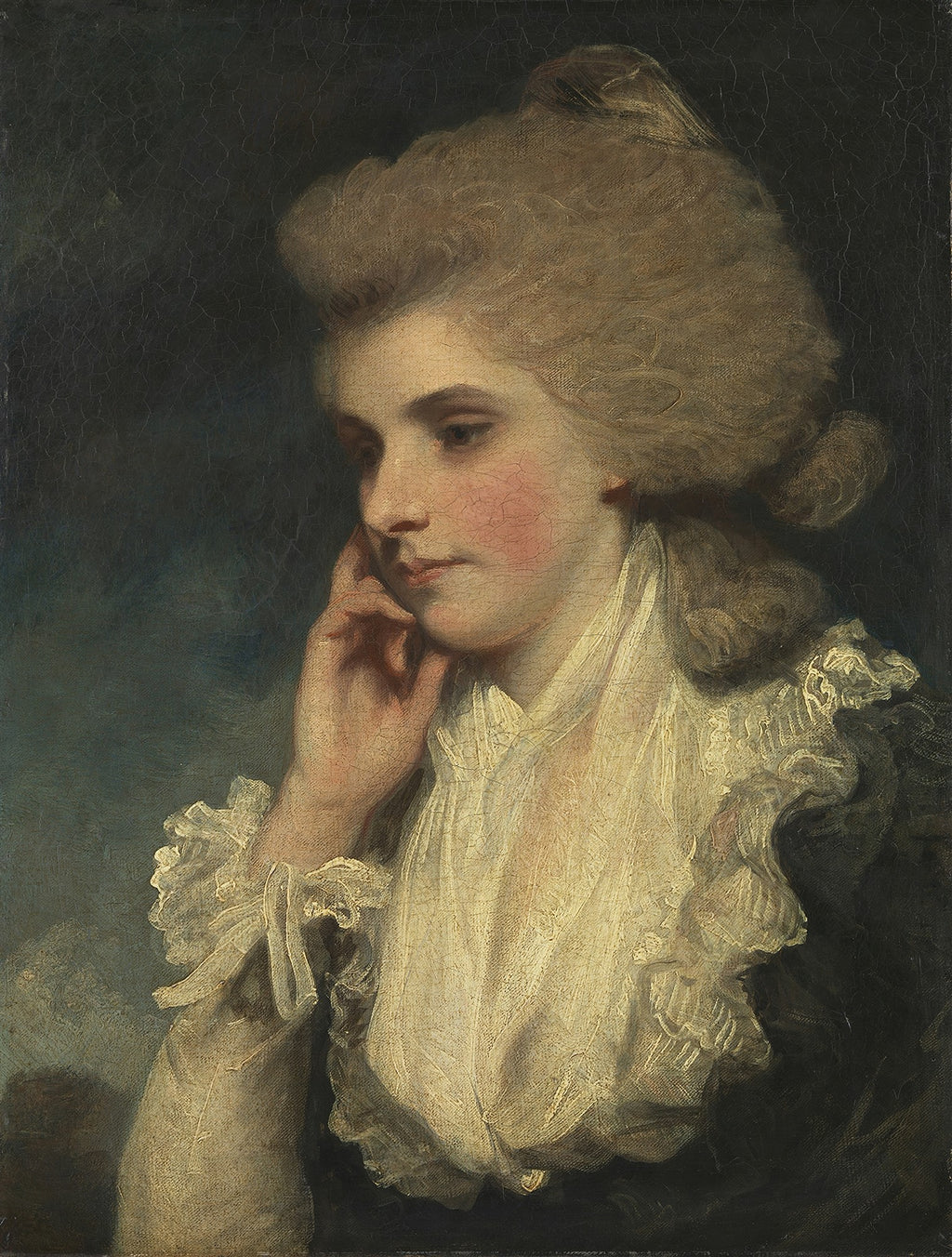 Retrato de Lady Elizabeth Compton por Sir Joshua Reynolds, exibindo uma mulher jovem com cabelo volumoso e um vestido de seda com babados, com a mão no queixo, em um fundo escuro.