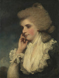 Retrato de Lady Elizabeth Compton por Sir Joshua Reynolds, exibindo uma mulher jovem com cabelo volumoso e um vestido de seda com babados, com a mão no queixo, em um fundo escuro.