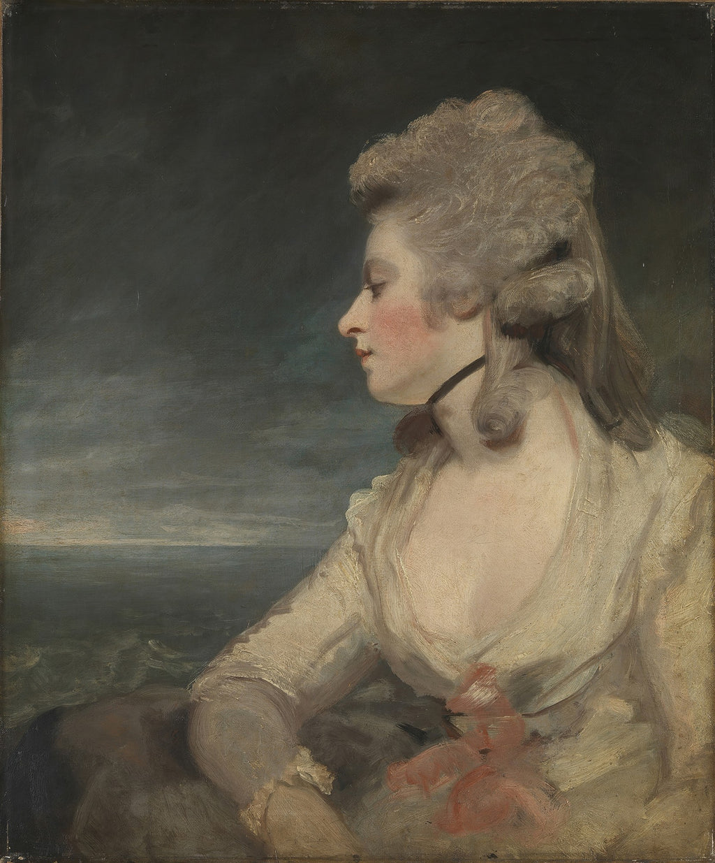 Retrato de perfil de uma mulher jovem, de autoria de Sir Joshua Reynolds, com cabelo volumoso e um colar preto, contra um fundo de mar agitado e céu nublado.