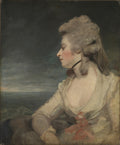 Retrato de perfil de uma mulher jovem, de autoria de Sir Joshua Reynolds, com cabelo volumoso e um colar preto, contra um fundo de mar agitado e céu nublado.