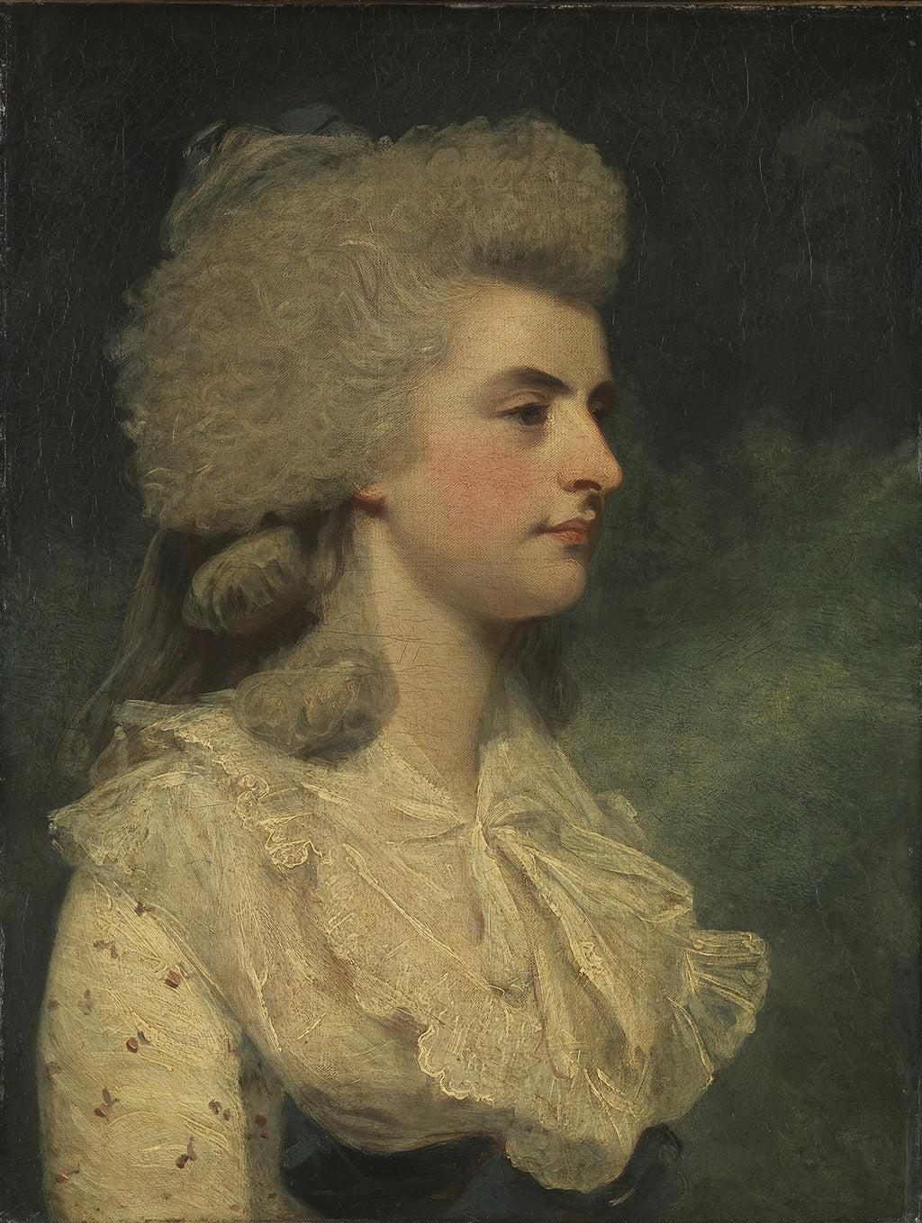 Retrato de perfil de uma jovem mulher de pele clara, cabelos volumosos e claros, vestindo um vestido de renda branca, com fundo escuro e esverdeado, obra atribuída a Sir Joshua Reynolds.