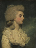 Retrato de perfil de uma jovem mulher de pele clara, cabelos volumosos e claros, vestindo um vestido de renda branca, com fundo escuro e esverdeado, obra atribuída a Sir Joshua Reynolds.