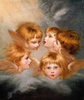Quadro decorativo com a pintura 'Os Anjos' de Sir Joshua Reynolds, mostrando cinco cabeças de querubins com asas, com expressões doces e cabelos dourados, flutuando em nuvens suaves. A paleta de cores inclui tons pastéis de bege, rosa, azul e cinza.