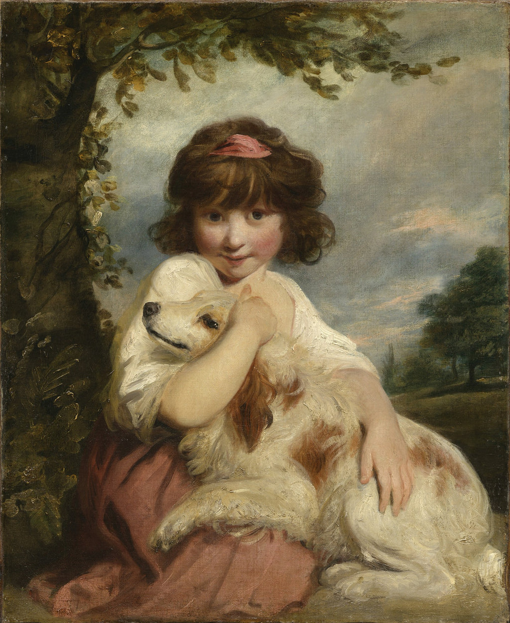 Retrato clássico de uma menina com cabelos castanhos e um cão da raça spaniel, pintado por Sir Joshua Reynolds. A menina abraça o cão carinhosamente sob uma árvore, com um céu nublado ao fundo.