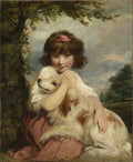 Retrato clássico de uma menina com cabelos castanhos e um cão da raça spaniel, pintado por Sir Joshua Reynolds. A menina abraça o cão carinhosamente sob uma árvore, com um céu nublado ao fundo.