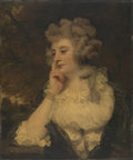 Retrato de uma senhora pensativa, atribuído a Sir Joshua Reynolds, com cabelos cacheados e vestes brancas rendadas, em tons terrosos e escuros.