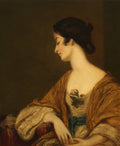 Retrato de perfil de uma mulher de cabelo escuro, com os olhos fechados, usando um vestido dourado com uma rosa no decote, atribuído a Sir Joshua Reynolds.