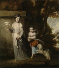 Retrato de duas jovens irmãs com um cachorro e um pombo, pintado por Sir Joshua Reynolds, em um jardim com árvores e uma base de pedra