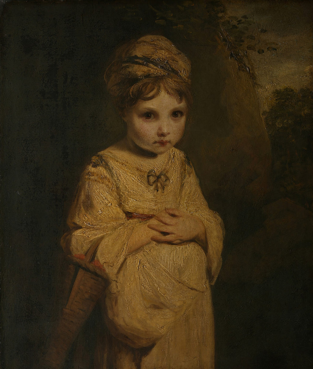 Retrato em óleo de Sir Joshua Reynolds de uma menina com cabelos castanhos e vestes claras, com as mãos cruzadas, em um fundo escuro e atmosférico.