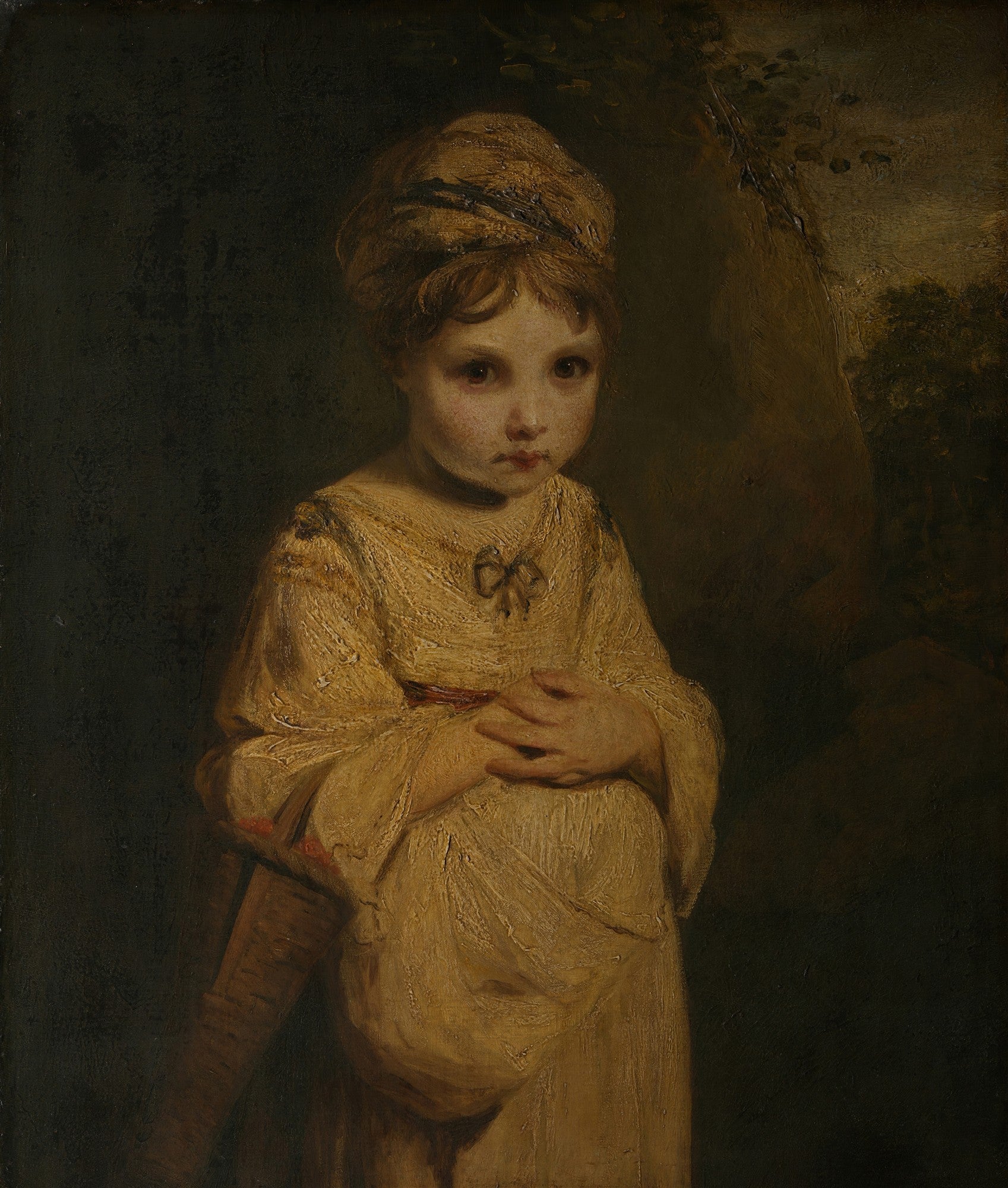 Retrato em óleo de Sir Joshua Reynolds de uma menina com cabelos castanhos e vestes claras, com as mãos cruzadas, em um fundo escuro e atmosférico.