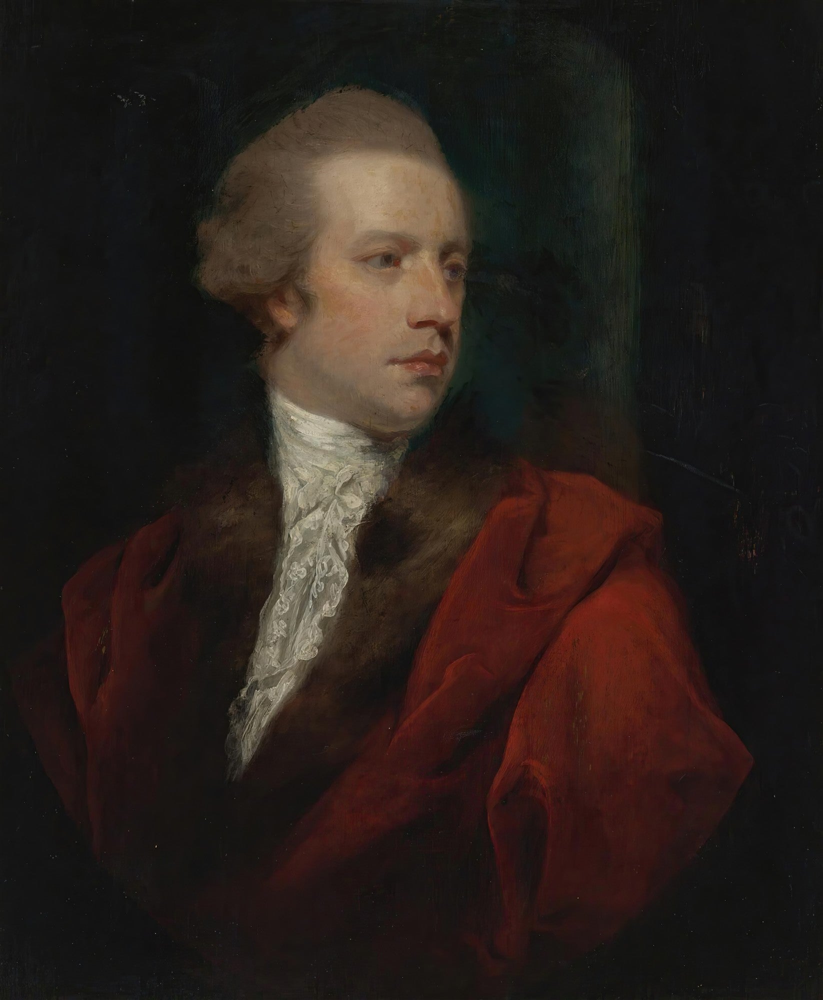 Retrato de um jovem cavalheiro de perfil, usando um casaco vermelho vivo e gola de renda branca, contra um fundo escuro, pintado por Sir Joshua Reynolds.