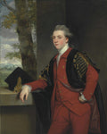 Retrato de um jovem cavalheiro do século XVIII, em casaco vermelho e capa preta com detalhes dourados, com um chapéu de formatura ao lado, pintado por Sir Joshua Reynolds.