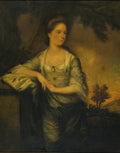 Retrato de uma mulher jovem, de pele clara e cabelos escuros presos, vestindo um vestido de seda claro e brilhante, com um fundo escuro e uma paisagem sutil ao fundo. Atribuído a Sir Joshua Reynolds.