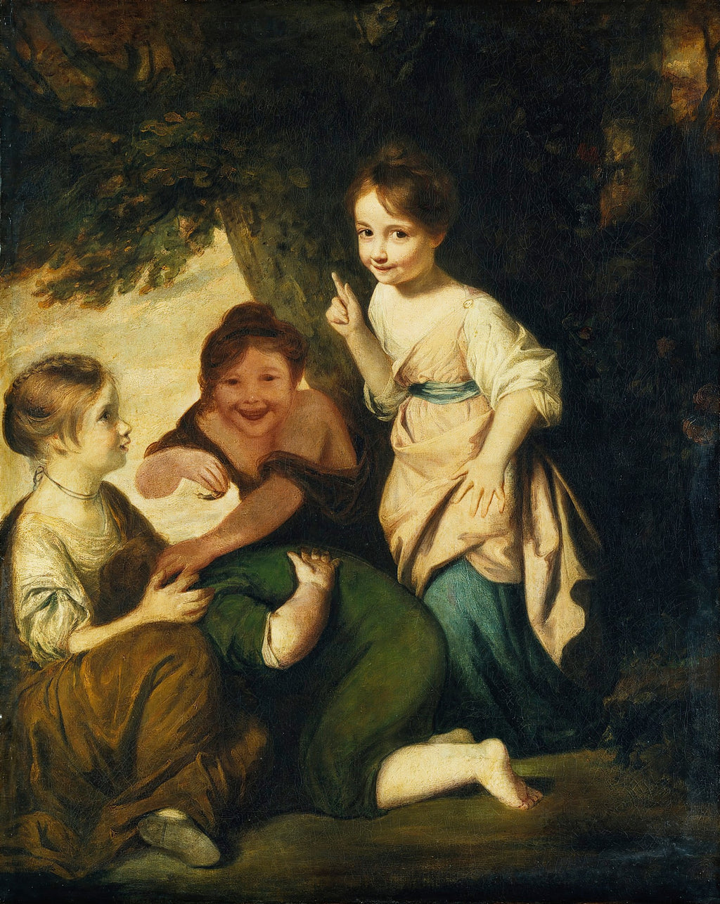 Pintura a óleo de Sir Joshua Reynolds, 'Três Crianças no Bosque', mostrando três meninas brincando sob a folhagem escura, uma apontando, outra rindo e a terceira agachada. Tons terrosos e escuros com destaques de luz nas crianças.