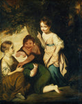 Pintura a óleo de Sir Joshua Reynolds, 'Três Crianças no Bosque', mostrando três meninas brincando sob a folhagem escura, uma apontando, outra rindo e a terceira agachada. Tons terrosos e escuros com destaques de luz nas crianças.