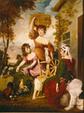 Quadro decorativo 'A Camponesa com as Filhas' de Sir Joshua Reynolds, mostrando três mulheres em um cenário campestre com animais e uma roca de fiar, com uma mulher carregando feno na cabeça, outra alimentando galinhas e uma terceira sentada com um cachorro.